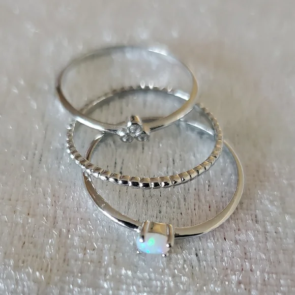 Minimalist Sterling Silver 925 Opal CZ Stacking Ring Set Sz 7 Or 8 - Picture 3 of 5